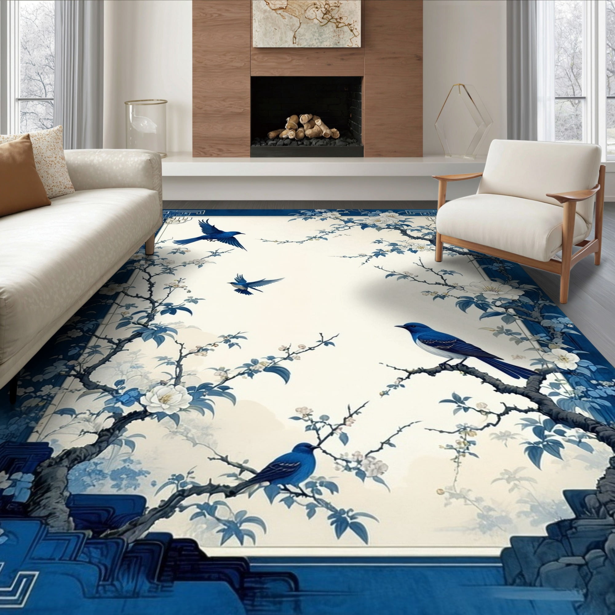 Rich Flower Rugs ODIKA 6'x9' Ultra-Soft Area Rug, Rich Navy White Chinoiserie Medallion ...