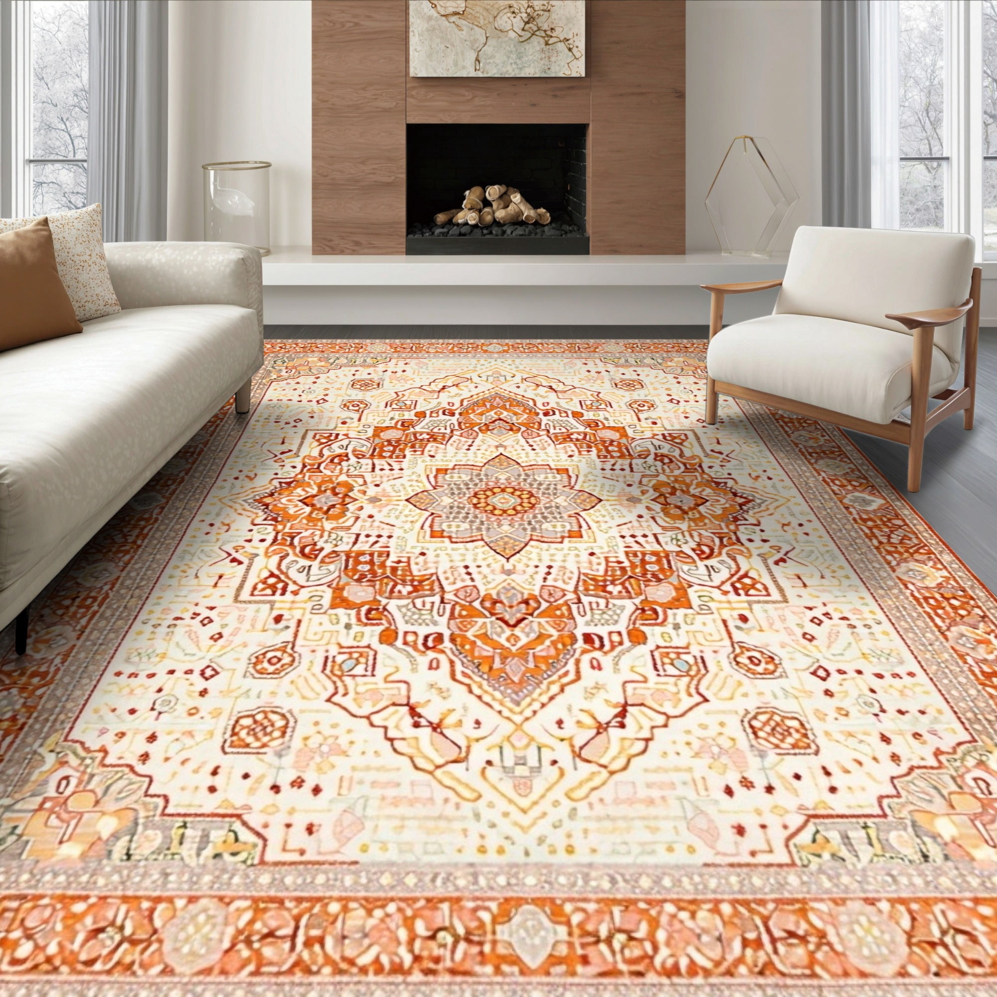 Round Table Rectangular Rug ODIKA 6'x9' Ultra-Soft Area Rug, Round Abstract Dining Circle Neutral ...