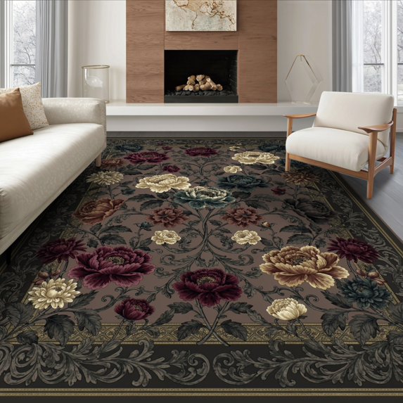 ODIKA 6'x9' Ultra-Soft Area Rug, Round Blooms Shaped Trailing Vine Scrolls Ornate Shape Border None Washable, Bare feet friendly, Silk-Touch for Guest Room, Bedroom