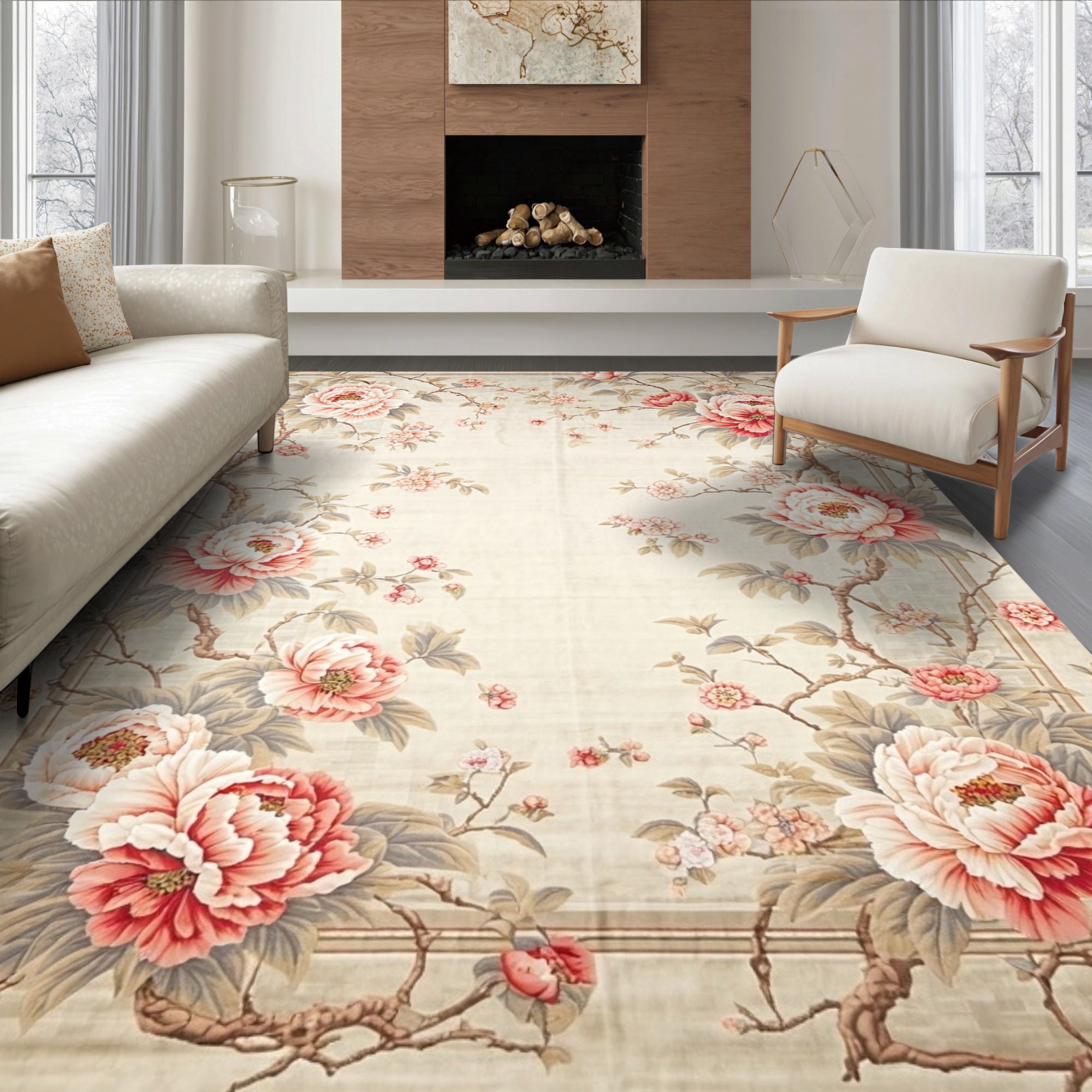 Rustic Round Area Rugs ODIKA 6'x9' Ultra-Soft Area Rug, Round Chinoiserie Shaped Border Retro ...