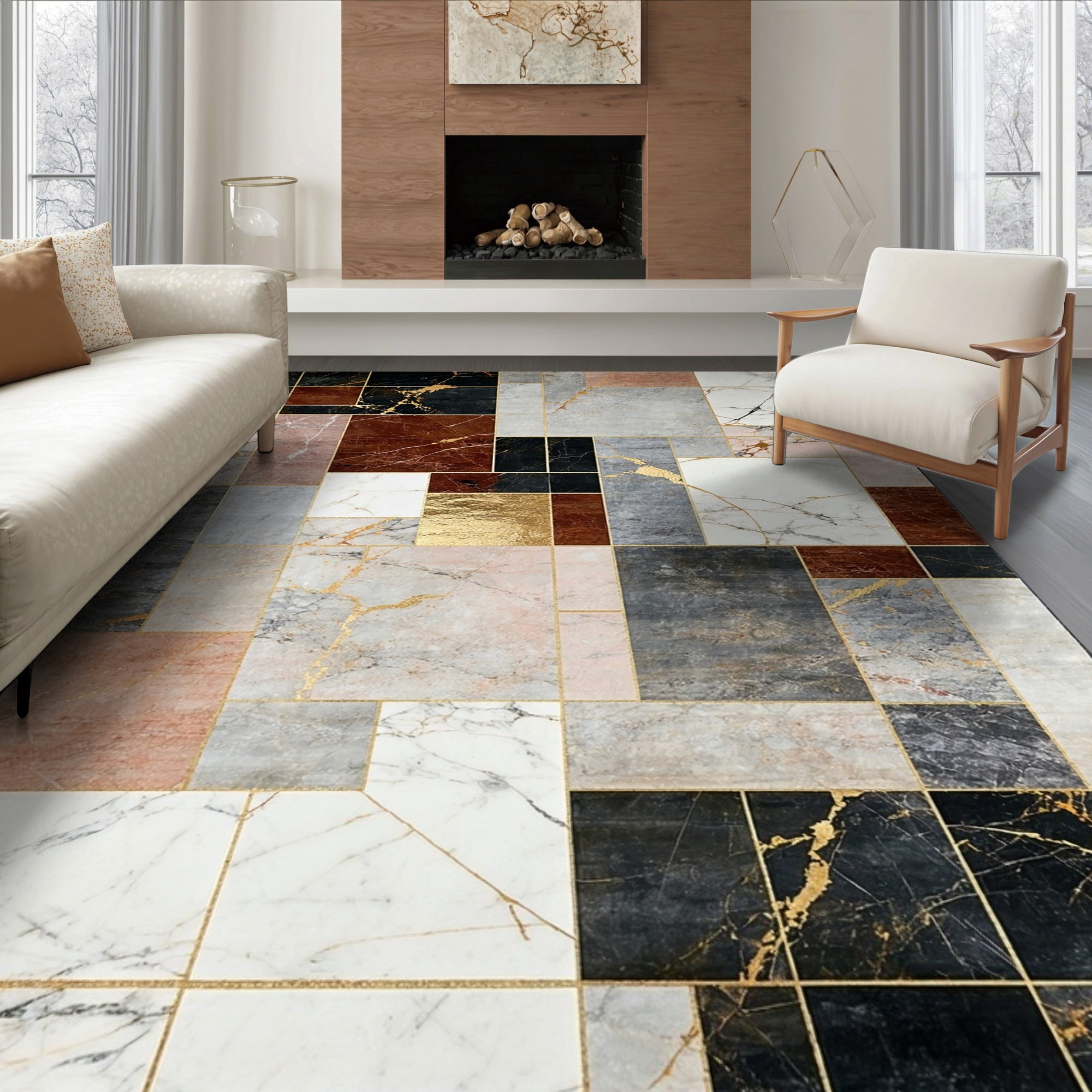 Neutral Fun Rug ODIKA 6'x9' Ultra-Soft Area Rug, Round Dining Abstract Mosaic Fractured ...