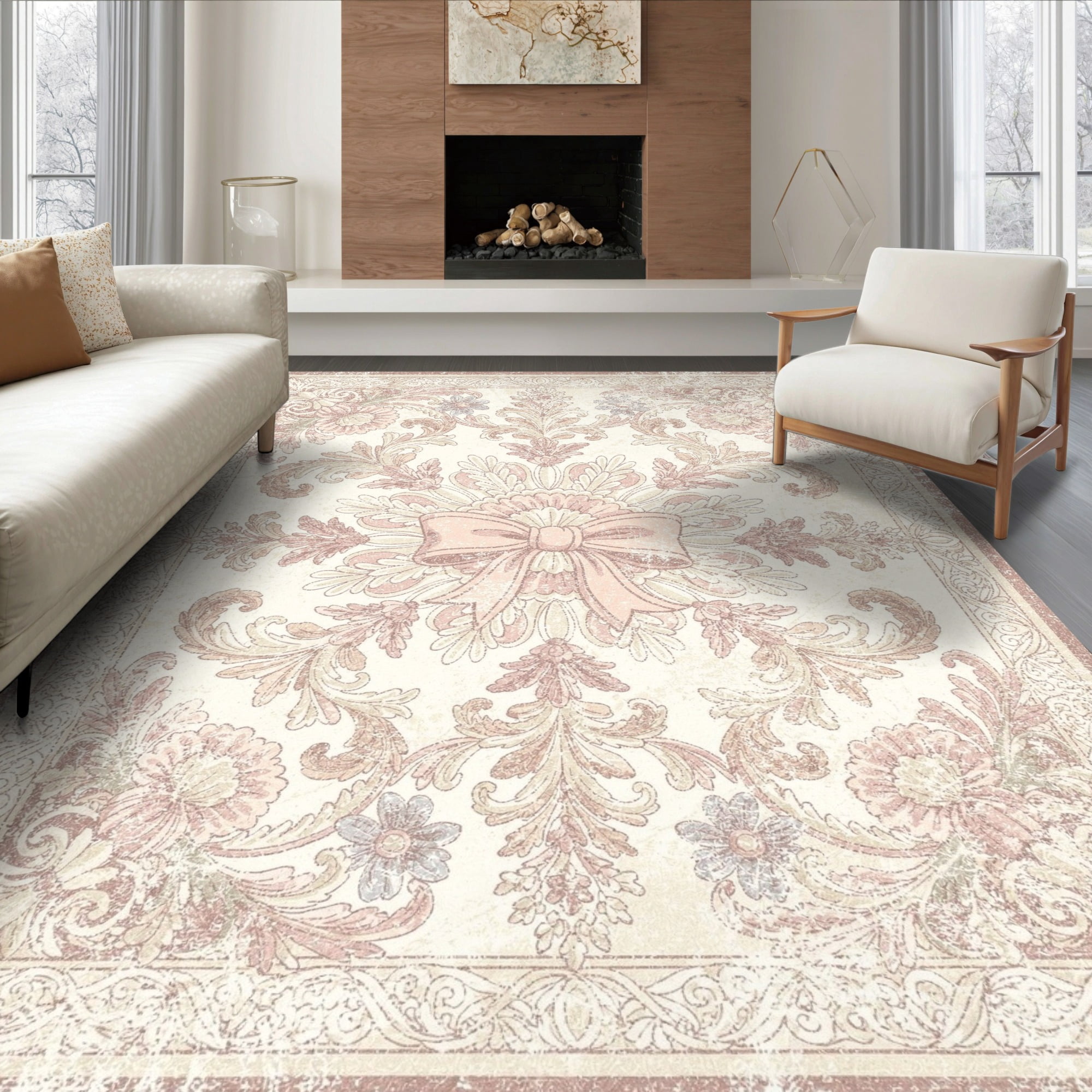 ODIKA 6'x9' Ultra-Soft Area Rug, Round Ornamental Pink Center Abstract ...