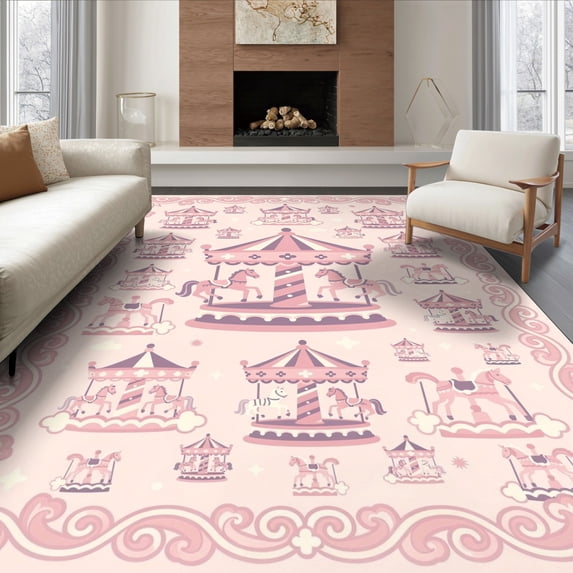 ODIKA 6'x9' Ultra-Soft Area Rug, Round Storybook Traffic Whimsical Carousel Motif Transitional Border None Washable, Bare feet friendly, Silk-Touch for Guest Room, Bedroom