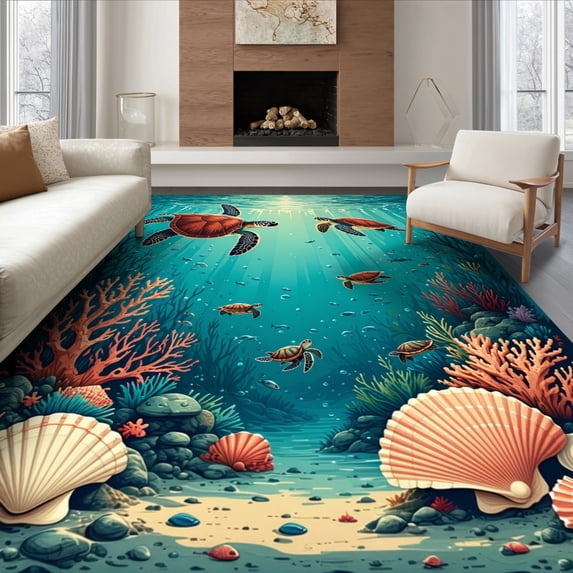 ODIKA 6'x9' Ultra-Soft Area Rug, Sea Turtle Ocean Animal Design With Nautical Coral Reef Border None Washable, Bare feet friendly, Silk-Touch for Guest Room, Bedroom