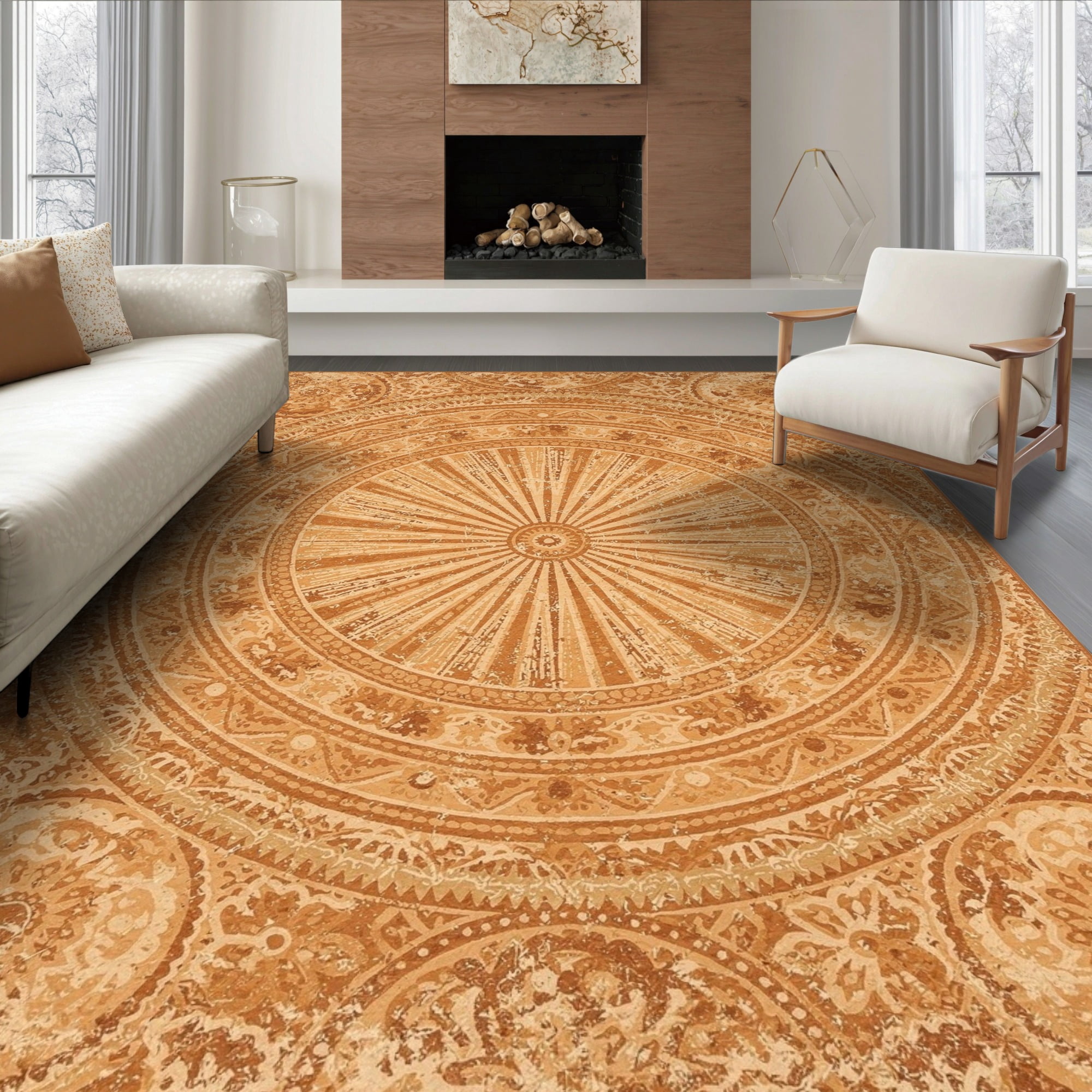 Round Shape Rug ODIKA 6'x9' Ultra-Soft Area Rug, Shaped Round Border Boho Ornamental ...