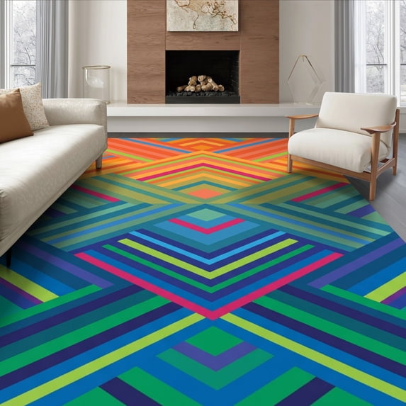 ODIKA 6'x9' Ultra-Soft Area Rug, Striped Retro Abstract Bold Prism Vibrant Mid Geometric Century Playful None Washable, Bare feet friendly, Silk-Touch for Guest Room, Bedroom