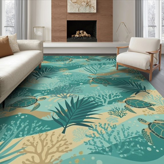 ODIKA 6'x9' Ultra-Soft Area Rug, Turtle Ocean Botanical Reef Stained Entryway Teal Beachy Nautical Flowing None Washable, Bare feet friendly, Silk-Touch for Guest Room, Bedroom