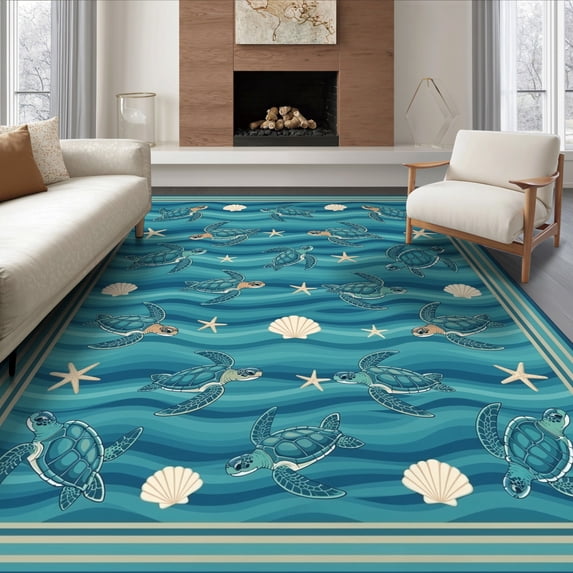 ODIKA 6'x9' Ultra-Soft Area Rug, Turtle Ocean Wave Beachy Border Entry Themed Teal Bathroom Nautical Flowing None Washable, Bare feet friendly, Silk-Touch for Guest Room, Bedroom