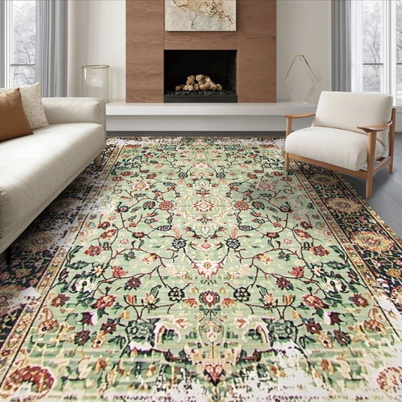 ODIKA 6'x9' Ultra-Soft Area Rug, Vintage Boho Distressed Vines Ornate Border Scrolls Ornamental None Washable, Bare feet friendly, Silk-Touch for Guest Room, Bedroom