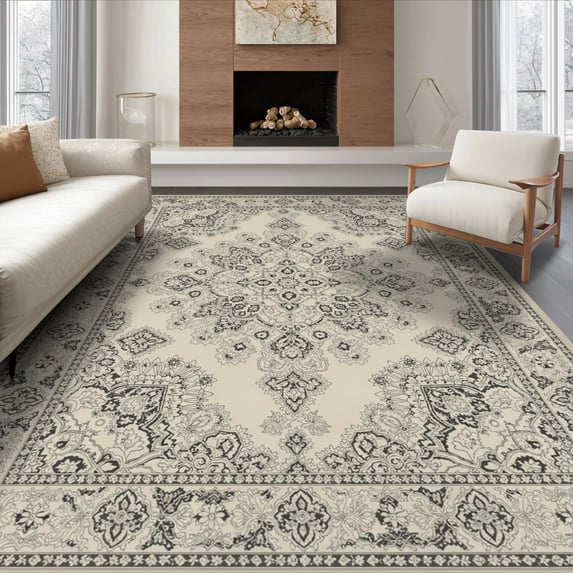 ODIKA 6'x9' Ultra-Soft Area Rug, Vintage Distressed Border Faded Interlocking Motifs Abstract Flowing Dynamic None Washable, Bare feet friendly, Silk-Touch for Guest Room, Bedroom