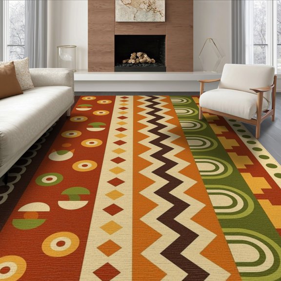 ODIKA 6'x9' Warm Earth Tones Yellow Sunset Geometric Washable Area Rug Dynamic Retro Stripes with Bold Zigzags Non-Slip, Chair-Friendly, for Dining Room, Under Table, Office Décor