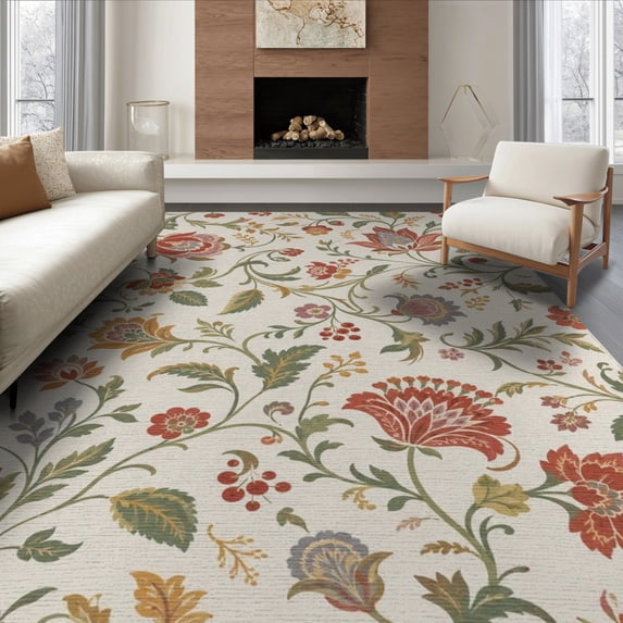 ODIKA 6'x9' Warm Floral Vintage Charm Design Washable Area Rug Elegant Botanical with Classic for Dining Room, Under Table, Office Décor, Non-Slip Chair-Friendly