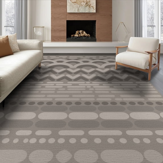 ODIKA 6'x9' Warm Taupe Geometric Washable Area Rug Modern Abstract Layered Motifs with Rounded for Family Room, Living Mater Bedroom, Non-Slip, Easy Care