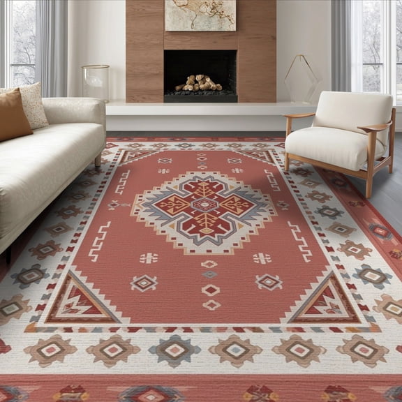 ODIKA 6'x9' Warm Terracotta Orange Geometric Sunset Washable Area Rug Intricate Patterns with Natural Motifs for Queen Size Bedroom, Under Bed, Master Suite, Easy Care, Non-Shedding