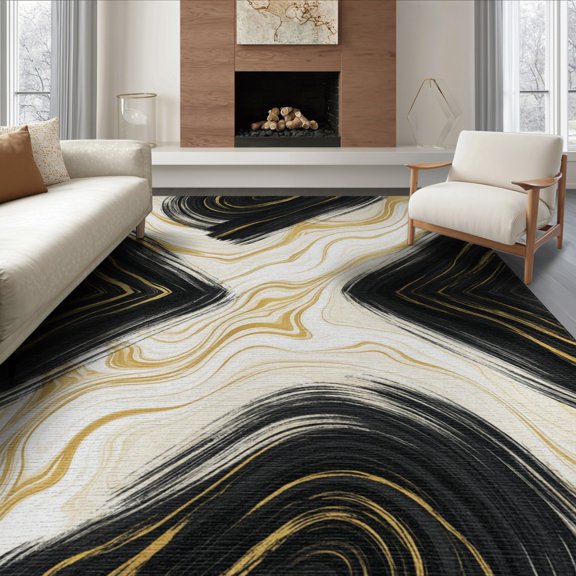ODIKA 6'x9' Washable Area Rug Abstract Asymmetrical Cream Balance Fluid Grey Tan for Queen Size Bedroom, Under Bed, Master Suite, Easy Care, Non-Shedding