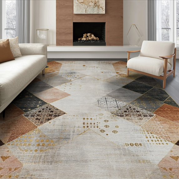 ODIKA 6'x9' Washable Area Rug Abstract Boho Watercolor With Interlocking Gold And Brown Shapes for Family Room, Living Room, Master Bedroom, Non-Slip, Easy Care