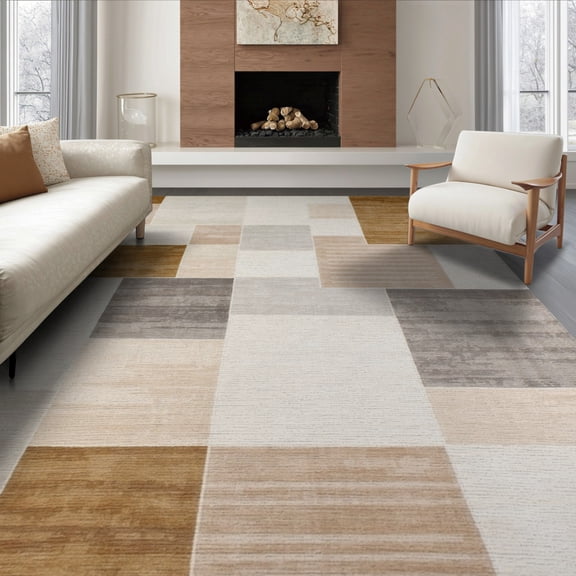 ODIKA 6'x9' Washable Area Rug Abstract Interlocking Neutral Tonal Block Dining Livingroom Beige for Room, Under Table, Office Décor, Non-Slip Chair-Friendly