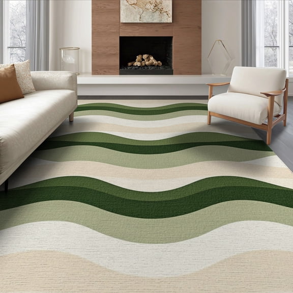 ODIKA 6'x9' Washable Area Rug Abstract Mid Gradient Wave Band Striped Contemporary Cream Orange for Dining Room, Under Table, Office Décor, Non-Slip Chair-Friendly