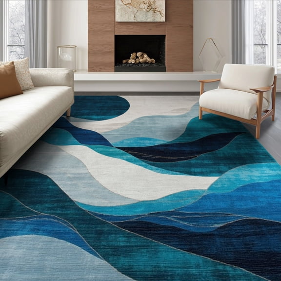 ODIKA 6'x9' Washable Area Rug Abstract Ocean Wave Motif With Modern Interlocking Marble Swirl for Family Room, Living Room, Master Bedroom, Non-Slip, Easy Care