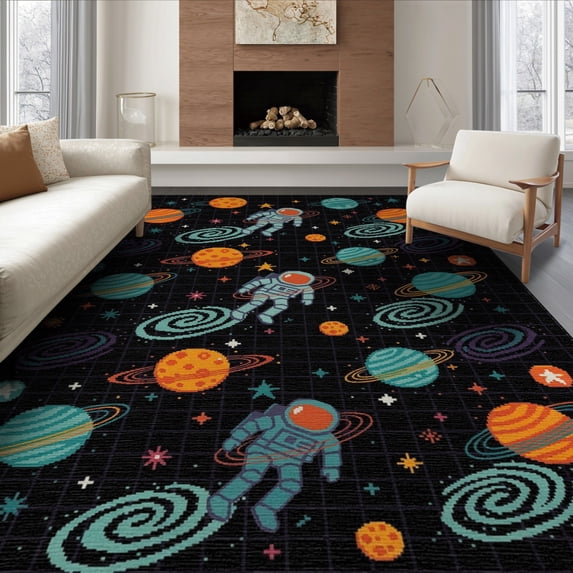 ODIKA 6'x9' Washable Area Rug Astronaut Cyber Arcade Galaxy Motifs Sapcerug Fireworks Anime Flowing Dynamic for Queen Size Bedroom, Under Bed, Master Suite, Easy Care, Non-Shedding