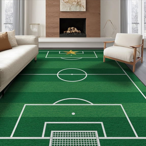 ODIKA 6'x9' Washable Area Rug Athletic Grass Pitch Doormat Featuring Star Crest And Goal Markings for Family Room, Living Room, Master Bedroom, Non-Slip, Easy Care