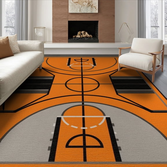 ODIKA 6'x9' Washable Area Rug Basketball Interlocking Lines Bold Hoop Blanket Football Round Flowing Dynamic for Queen Size Bedroom, Under Bed, Master Suite, Easy Care, Non-Shedding