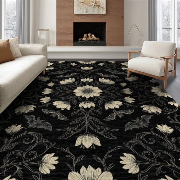 ODIKA 6'x9' Washable Area Rug Bat Toss Boho Wildflower Vines Moths Flowers Gothic Halloween Structured for Family Room, Living Room, Master Bedroom, Non-Slip, Easy Care