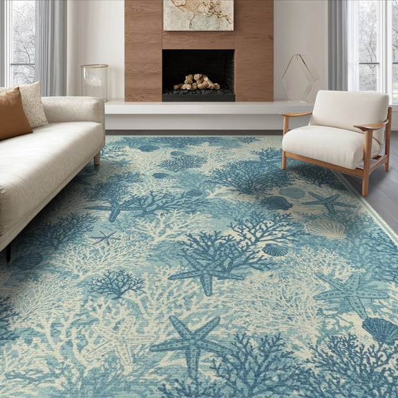 ODIKA Beach Inspired Starfish Motifs With Coral And Seashells Accent for Dining Room, Under Table, Office, Non-Slip Chair-Friendly Floor