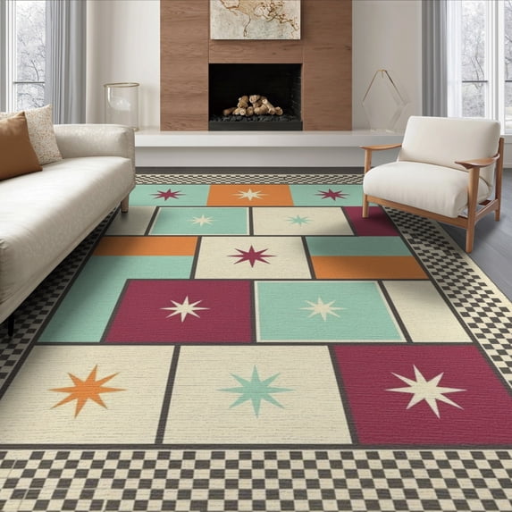 ODIKA 6'x9' Washable Area Rug Bedside Colorblock Grid Layout Numbered Squares Storybook Hopscotch for Family Room, Living Room, Master Bedroom, Non-Slip, Easy Care