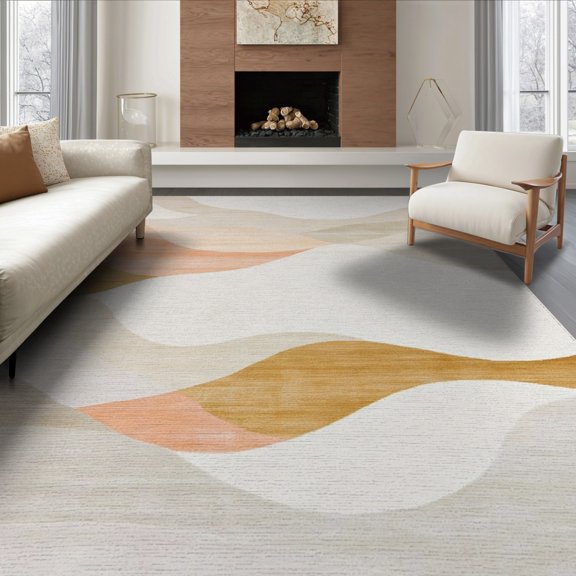 ODIKA 6'x9' Washable Area Rug Beige Abstract Cream Wave Stripe Textured Mottled Neutral Bands for Dining Room, Under Table, Office Décor, Non-Slip Chair-Friendly