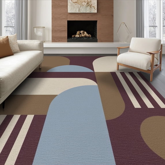 ODIKA 6'x9' Washable Area Rug Beige Burgundy Geometric Design Bold Abstract Shapes with Modern Flair for Dining Room, Under Table, Office Décor, Non-Slip Chair-Friendly