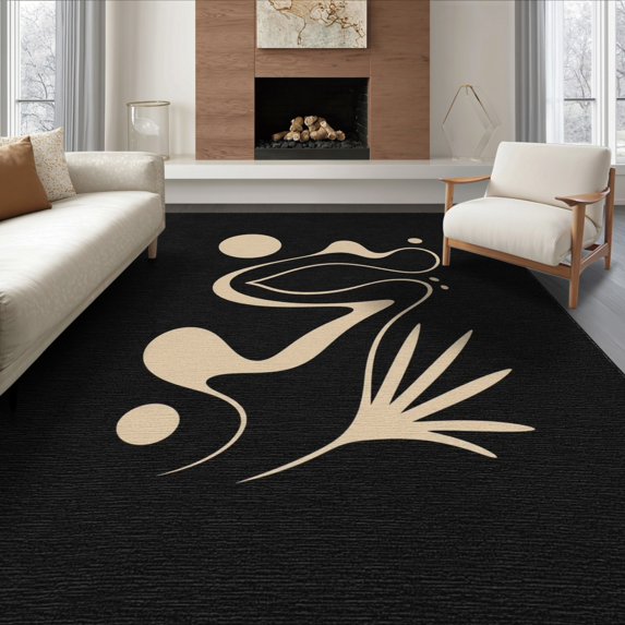 ODIKA 6'x9' Washable Area Rug Black Beige Abstract Geometric Swirl Design Elegant Flowing Lines and Circular Accents for Dining Room, Under Table, Office Décor, Non-Slip Chair-Friendly