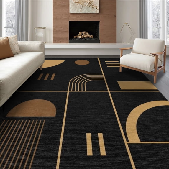 ODIKA 6'x9' Washable Area Rug Black Gold Geometric Design Elegant Abstract with Artistic Borders for Queen Size Bedroom, Under Bed, Master Suite, Easy Care, Non-Shedding