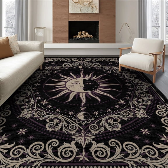 ODIKA 6'x9' Washable Area Rug Black Purple Round Celestial Sun Gothic Moon Star Motif with Ornate Scrolls for Queen Size Bedroom, Under Bed, Master Suite, Easy Care, Non-Shedding
