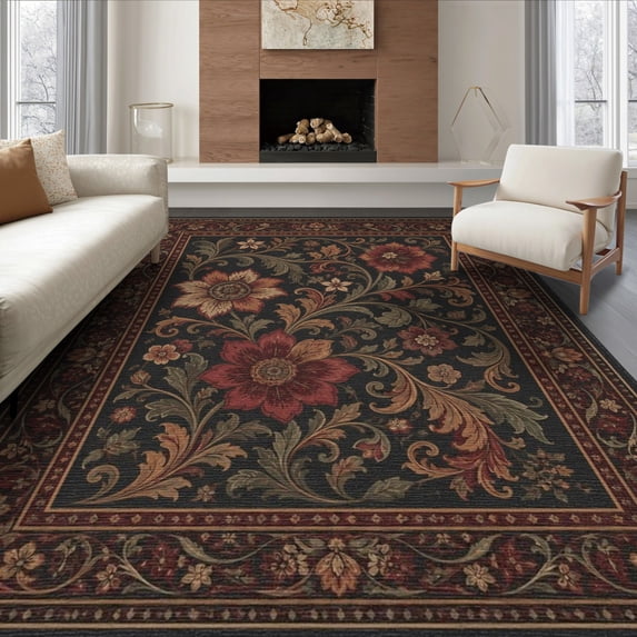 ODIKA 6'x9' Washable Area Rug Black Rich Floral Vintage Elegance Intricate Botanical Motif with Ornate Borders for Queen Size Bedroom, Under Bed, Master Suite, Easy Care, Non-Shedding
