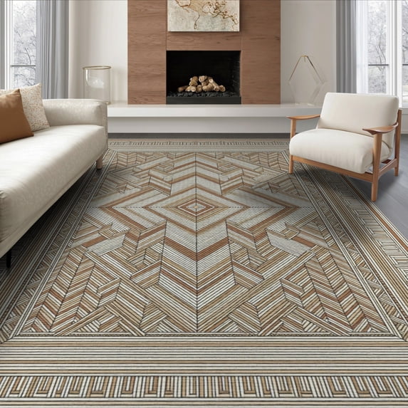 ODIKA 6'x9' Washable Area Rug Boho Farmhouse Mosaic Minimalist Frieze Seagrass Herringbone Refined Structured for Queen Size Bedroom, Under Bed, Master Suite, Easy Care, Non-Shedding