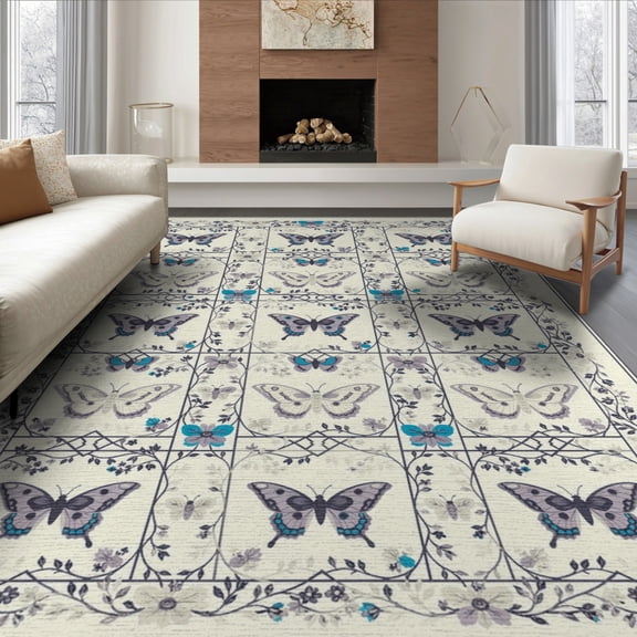 ODIKA 6'x9' Washable Area Rug Boho Moth Butterfly Motif Vintage Trellis Border Shaped Vinyl Flowing Dynamic for Queen Size Bedroom, Under Bed, Master Suite, Easy Care, Non-Shedding