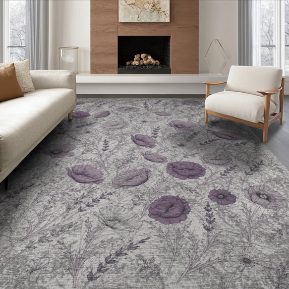 ODIKA 6'x9' Washable Area Rug Boho Muted Lavender Blossom Tossed Design Worn Plum Vine Accents for Queen Size Bedroom, Under Bed, Master Suite, Easy Care, Non-Shedding