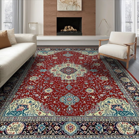 ODIKA 6'x9' Washable Area Rug Boho Oriental Medallion With Floral Border And Vintage Scrolls for Queen Size Bedroom, Under Bed, Master Suite, Easy Care, Non-Shedding
