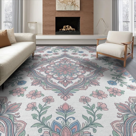 ODIKA 6'x9' Washable Area Rug Boho Oushak Whimsical Blush Dorm Pastel Sage Nursey Pink Refined for Dining Room, Under Table, Office Décor, Non-Slip Chair-Friendly