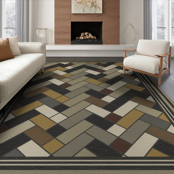 ODIKA 6'x9' Washable Area Rug Bold Tone Striped Border Door Farmhouse Vintage Diagonal Herringbone Flowing for Dining Room, Under Table, Office Décor, Non-Slip Chair-Friendly