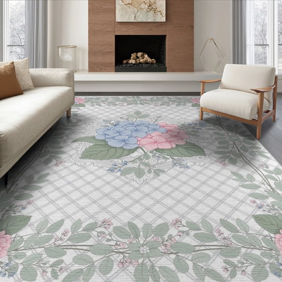 ODIKA 6'x9' Washable Area Rug Botanical Plaid Lattice Pink Cluster Eucalyptus Border Hydrangea Flowing Dynamic for Dining Room, Under Table, Office Décor, Non-Slip Chair-Friendly