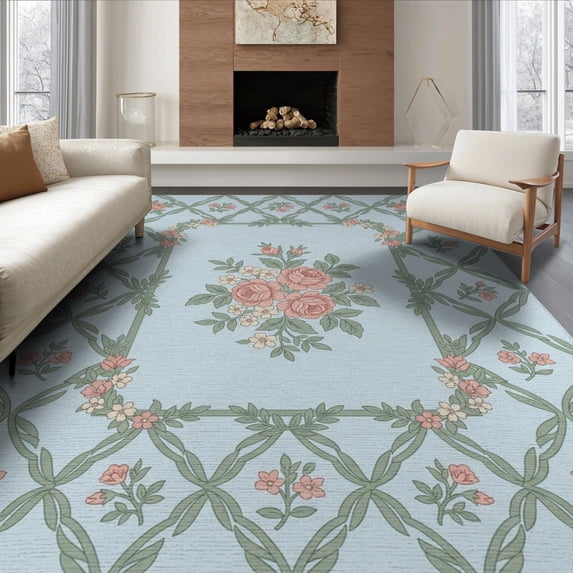 ODIKA 6'x9' Washable Area Rug Bouquet Centerpiece Farmhouse Sage Pink Nursey Border Vintage Playful Expressive for Dining Room, Under Table, Office Décor, Non-Slip Chair-Friendly