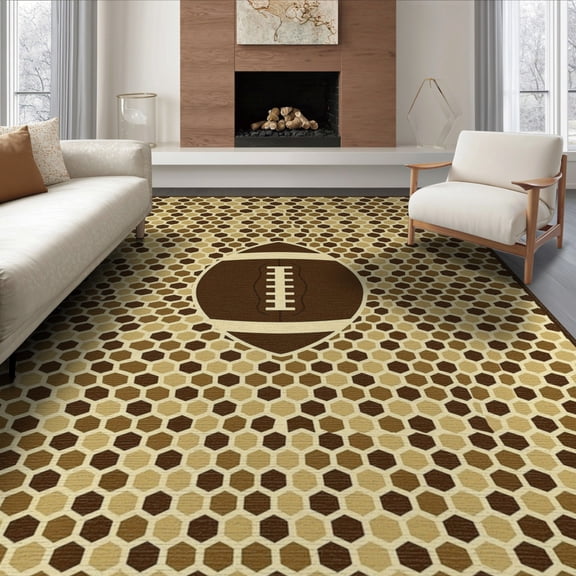 ODIKA 6'x9' Washable Area Rug Brown Tan Football Men Shaped Footboard Mens Interlocking Hexagon with Lacing for Queen Size Bedroom, Under Bed, Master Suite, Easy Care, Non-Shedding