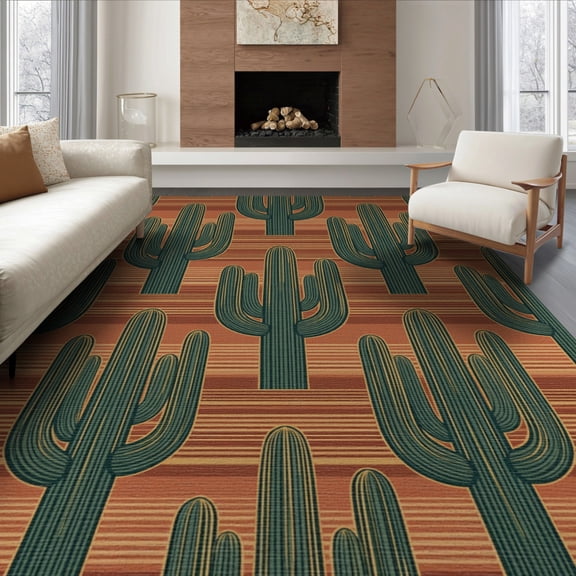 ODIKA 6'x9' Washable Area Rug Cactus Print Border Doormat Southwestern Saguaro Desert Motif for Queen Size Bedroom, Under Bed, Master Suite, Easy Care, Non-Shedding