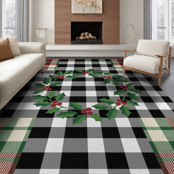 ODIKA 6'x9' Washable Area Rug Checkerboard Tartan Farmhouse Wreath Layering Under Doormat Plaid Playful for Dining Room, Table, Office Décor, Non-Slip Chair-Friendly