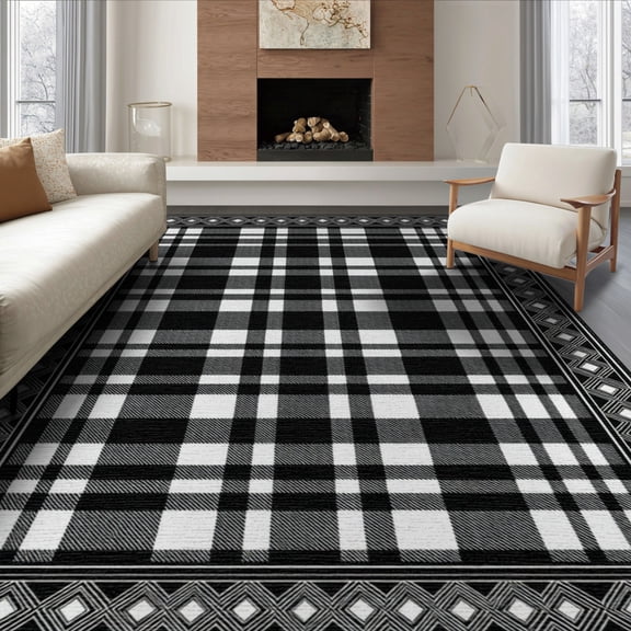 ODIKA 6'x9' Washable Area Rug Checkered Boho Border Doormat Layering Layered Front Plaid Under Refined for Family Room, Living Room, Master Bedroom, Non-Slip, Easy Care