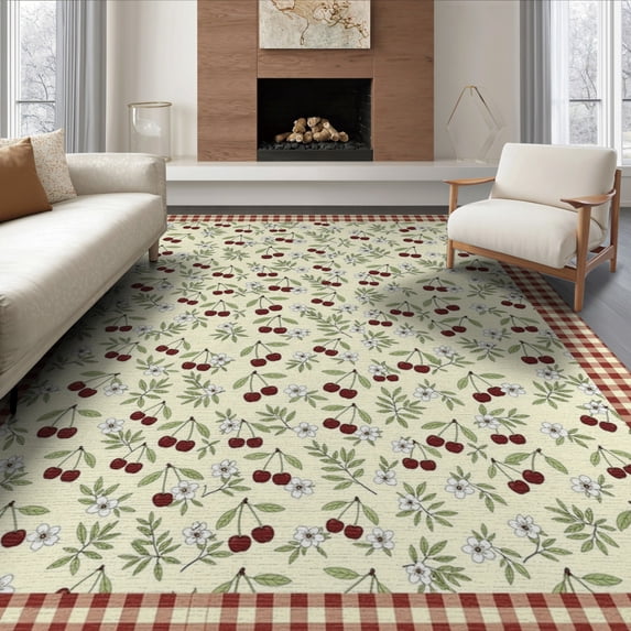 ODIKA 6'x9' Washable Area Rug Cherry Checkered Border Sprigs Flowers Door Clusters Cherries Flowing Dynamic for Queen Size Bedroom, Under Bed, Master Suite, Easy Care, Non-Shedding