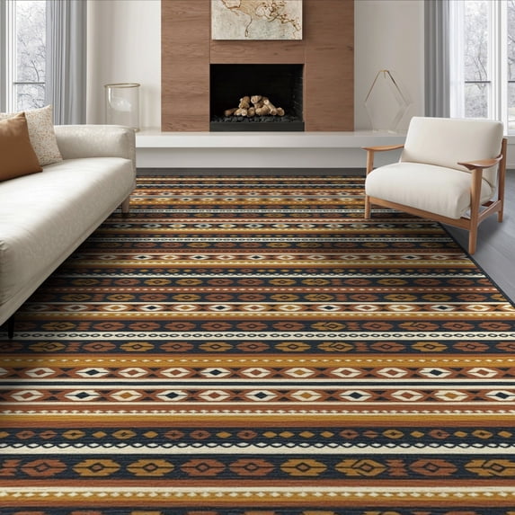 ODIKA 6'x9' Washable Area Rug Chindi Knit Striped Boho Southwestern Banded Motifs Multi Rag Flowing Dynamic for Dining Room, Under Table, Office Décor, Non-Slip Chair-Friendly