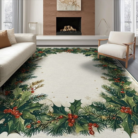 ODIKA 6'x9' Washable Area Rug Christmas Green Leaves Boho With Festive Holly Wreath Accents for Queen Size Bedroom, Under Bed, Master Suite, Easy Care, Non-Shedding